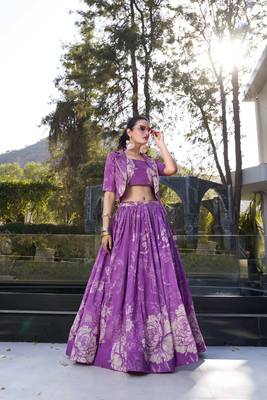 purple Women's Tussar Silk With Floral Print Cord-Set 7