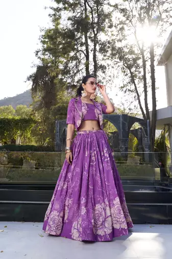 purple Women's Tussar Silk With Floral Print Cord-Set