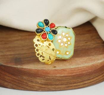 Red coral - turquoise meenakari ring adjustable 1