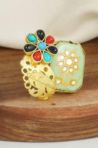 Red coral - turquoise meenakari ring adjustable