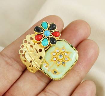 Red coral - turquoise meenakari ring adjustable 2