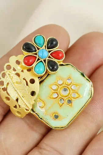 Red coral - turquoise meenakari ring adjustable