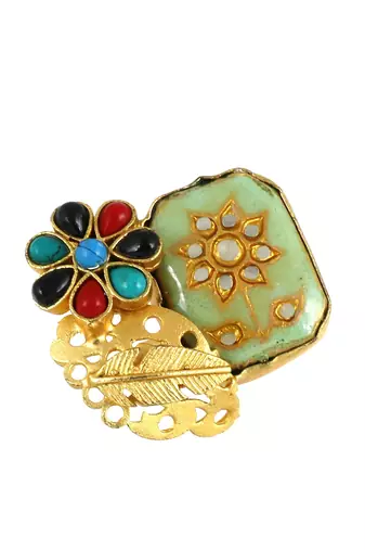 Red coral - turquoise meenakari ring adjustable