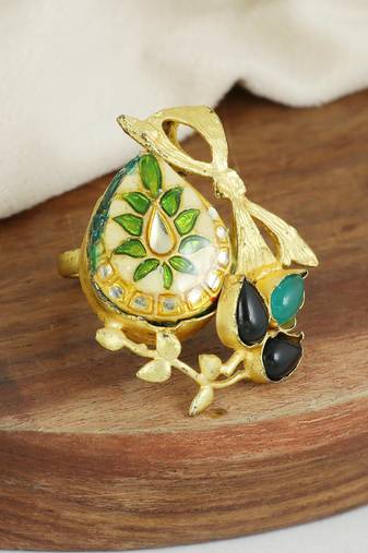 Black onyx - green onyx meenakari ring adjustable
