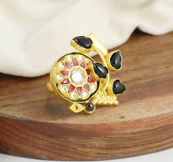 Black onyx - smoky quartz meenakari ring adjustable 1