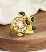 Black onyx - smoky quartz meenakari ring adjustable