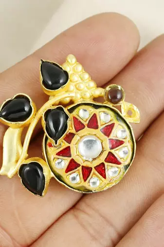Black onyx - smoky quartz meenakari ring adjustable