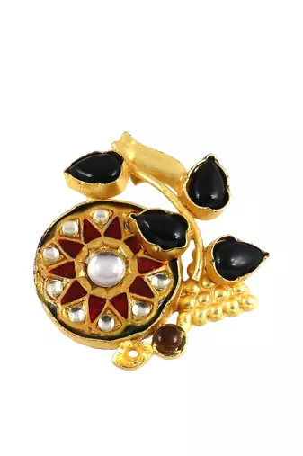 Black onyx - smoky quartz meenakari ring adjustable