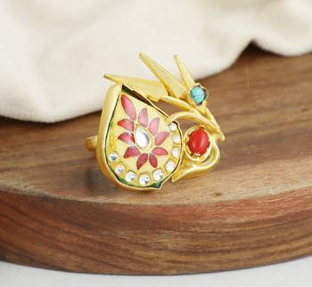 Red coral - turquoise meenakari ring adjustable 1
