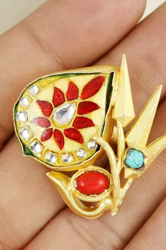 Red coral - turquoise meenakari ring adjustable