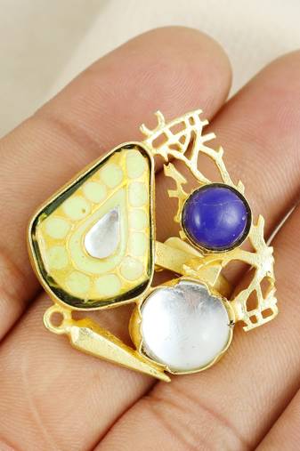 Lapis lazuli gold plated brass meena ring adjustable