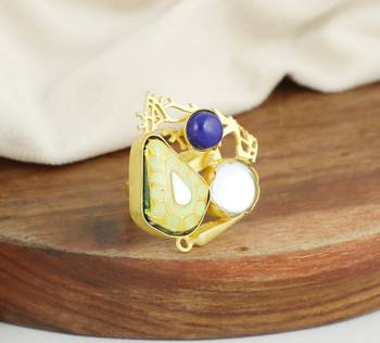 Lapis lazuli gold plated brass meena ring adjustable 2