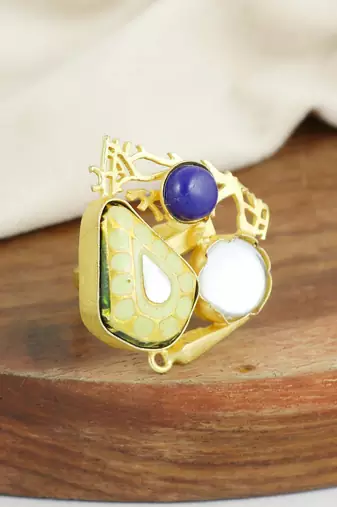 Lapis lazuli gold plated brass meena ring adjustable
