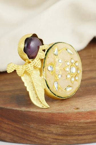 Amethyst gold plated brass meena ring adjustable