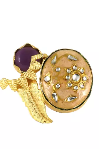 Amethyst gold plated brass meena ring adjustable
