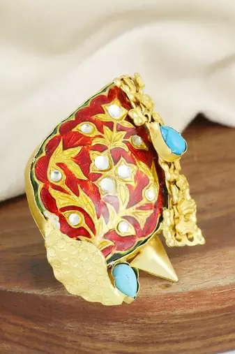 Turquoise gold plated brass meena ring adjustable