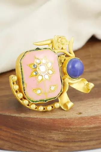 Lapis lazuli gold plated brass meena ring adjustable