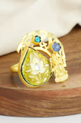 Turquoise gold plated brass antique ring adjustable