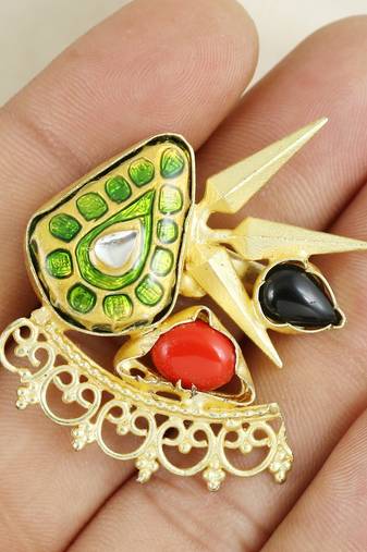 Red coral gold plated brass meena ring adjustable