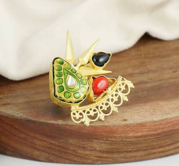 Red coral gold plated brass meena ring adjustable 2