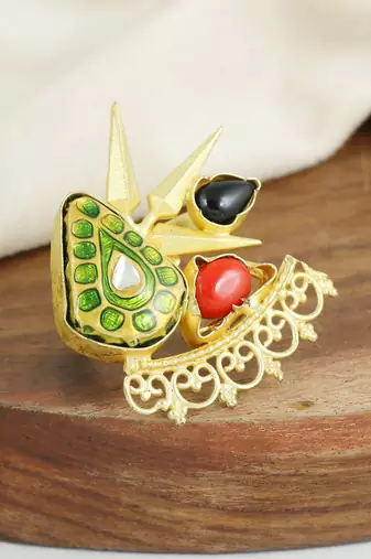 Red coral gold plated brass meena ring adjustable