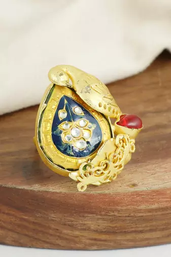 Red onyx gold plated brass ring adjustable