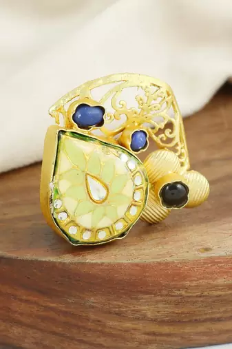 Black onyx gold plated brass meena ring adjustable