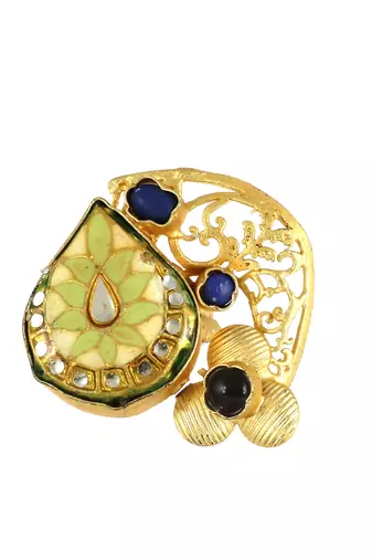 Black onyx gold plated brass meena ring adjustable