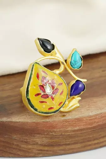 Turquoise gold plated brass meena ring adjustable