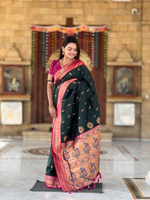 Bottle green paithani rich weaved pallu saree with blouse 2