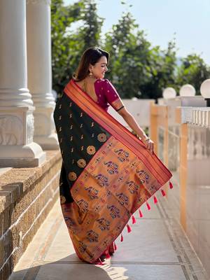 Bottle green paithani rich weaved pallu saree with blouse 3