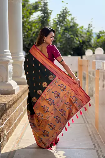 Bottle green paithani rich weaved pallu saree with blouse