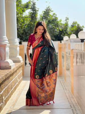 Bottle green paithani rich weaved pallu saree with blouse 4