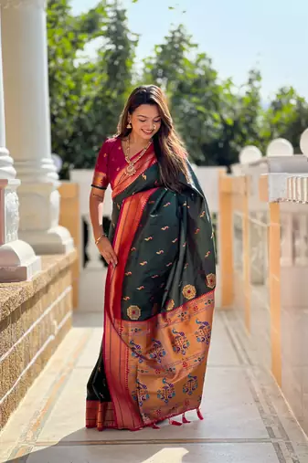 Bottle green paithani rich weaved pallu saree with blouse