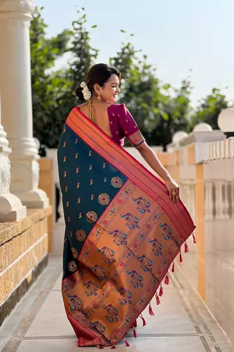 Teal blue paithani rich weaved pallu saree with blouse