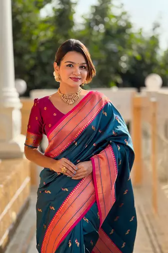 Teal blue paithani rich weaved pallu saree with blouse