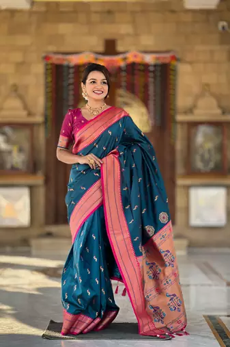 Teal blue paithani rich weaved pallu saree with blouse