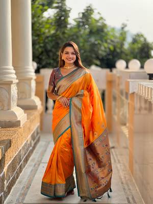 Orange paithani rich weaved pallu saree with blouse 1