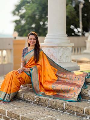 Orange paithani rich weaved pallu saree with blouse 2
