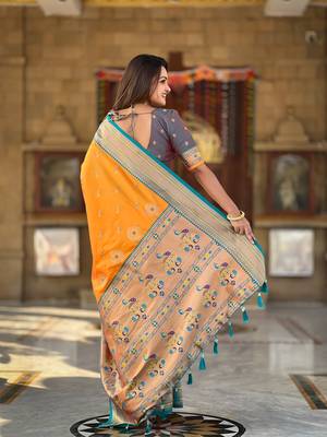 Orange paithani rich weaved pallu saree with blouse 5