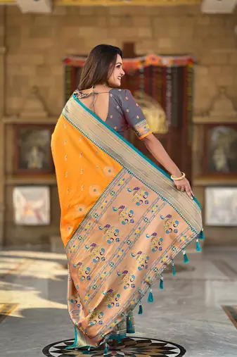 Orange paithani rich weaved pallu saree with blouse