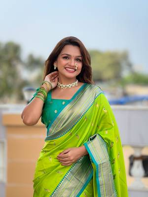 Pista paithani rich weaved pallu saree with blouse 5