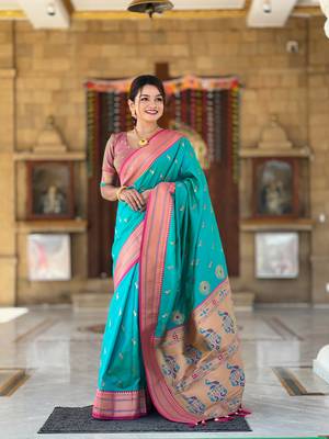 Sea green with paithani rich weaved pallu saree with blouse 1