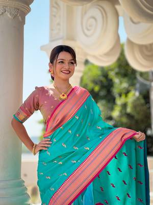 Sea green with paithani rich weaved pallu saree with blouse 2