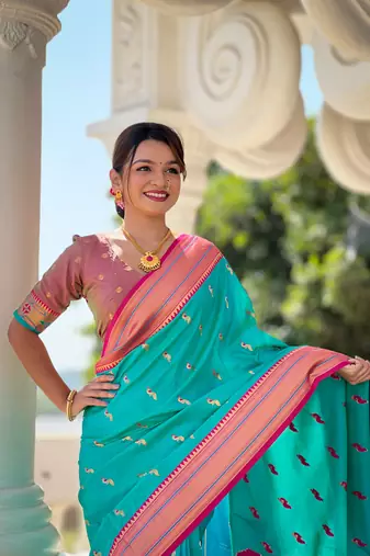 Sea green with paithani rich weaved pallu saree with blouse