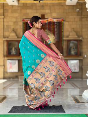 Sea green with paithani rich weaved pallu saree with blouse 3