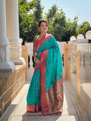 Sea green with paithani rich weaved pallu saree with blouse 4