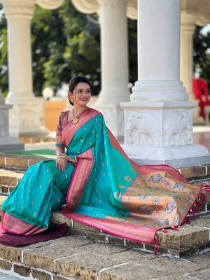 Sea green with paithani rich weaved pallu saree with blouse 5