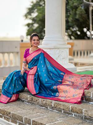 Sky paithani rich weaved pallu saree with blouse 3