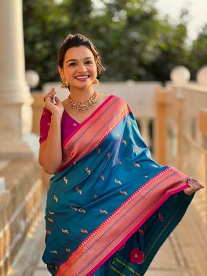 Sky paithani rich weaved pallu saree with blouse 4